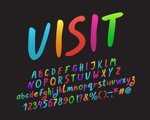 Fototapete - Bright Italic Alphabet hand drawn design, rainbow multi color. Vector letters and numbers