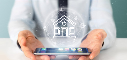 Poster - businessman holding smart home interface with icon, stats and data 3d rendering