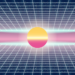 Wall Mural - Synthwave Retro Futuristic Landscape With Sun And Styled Laser Grid. Neon Retrowave Design And Elements Sci-fi 80s 90s Space. Vector Illustration Template Isolated Background