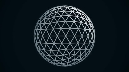 Poster - Animated rotating abstract white sphere constructed with glowing points, crossed lines. Abstract, transparent ball spinning on black background with small, flying dots, monochrome.