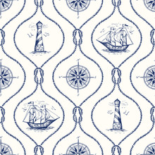 Vintage Hand-Drawn Rope Ogee Vector Seamless Pattern With Lighthouse, Sea Compass, Ship And Nautical Reef Knot.