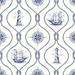 Vintage Hand-Drawn Rope Ogee Vector Seamless Pattern with Lighthouse, Sea Compass, Ship and Nautical Reef Knot.