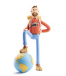 © bestpixels - Cartoon character tourist stands with a large map pointer and globe. 3d illustration. Concept of traveling.