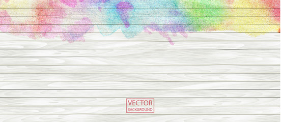 Wall Mural - Watercolor rainbow wood banner. Wood plank. Vector art. White and rainbow pattern, texture background, wooden parquet header background texture.