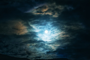 Wall Mural - Full moon or supermoon in night blue sky with clouds, dramatic mysterious atmosphere