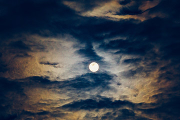 Wall Mural - Full moon or supermoon in night blue sky with clouds, dramatic mysterious atmosphere