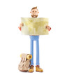 © bestpixels - Cartoon character tourist holds world map in hands. 3d illustration.