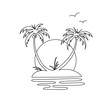 Hand line drawing of an oasis island with two palm trees, sunset and birds. 