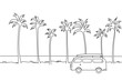 Single line illustration of an old van with a surf board in the top riding next to the beach. 