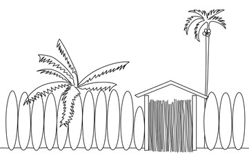 Single line illustration of a surf school with palm trees on the beach. 