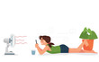© pizzastereo - vector illustration a girl lay down in front of fan holding phone in very hot summer, a girl suffering heat exhaustion - Vector