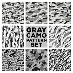 Wall Mural - Gray camouflage patterns. Collection of 8 seamless pattern set. vector background illustration for banner, backdrop, web, fashion, surface design