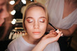© estradaanton - Close up beautiful young blonde woman face. She has eyeshadows on eyeline. Make up artist use mascara. Hairdresser work behind
