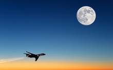 Modern Airplane Business Jet Flying On Beautiful Sunset Sky With Full Moon Landscape Background At Dusk Dawn Time Scenic Aerial Up Silhouette Plane View Corporate Air Travel Concept Copy Space Banner