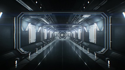 Wall Mural - Moving Through the Futuristic Spaceship Tunnel with Opening Metal Gates and Flight Out to White Light. Abstract Science Fiction 3d Animation with Alpha Channel. 4k Ultra HD 3840x2160