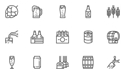 Brewery Vector Line Icons Set. Beer Bottle, Glass, Barrel, Six-pack, Keg, Mug. Pouring Beer from Tap into Glass. Editable Stroke. 48x48 Pixel Perfect.