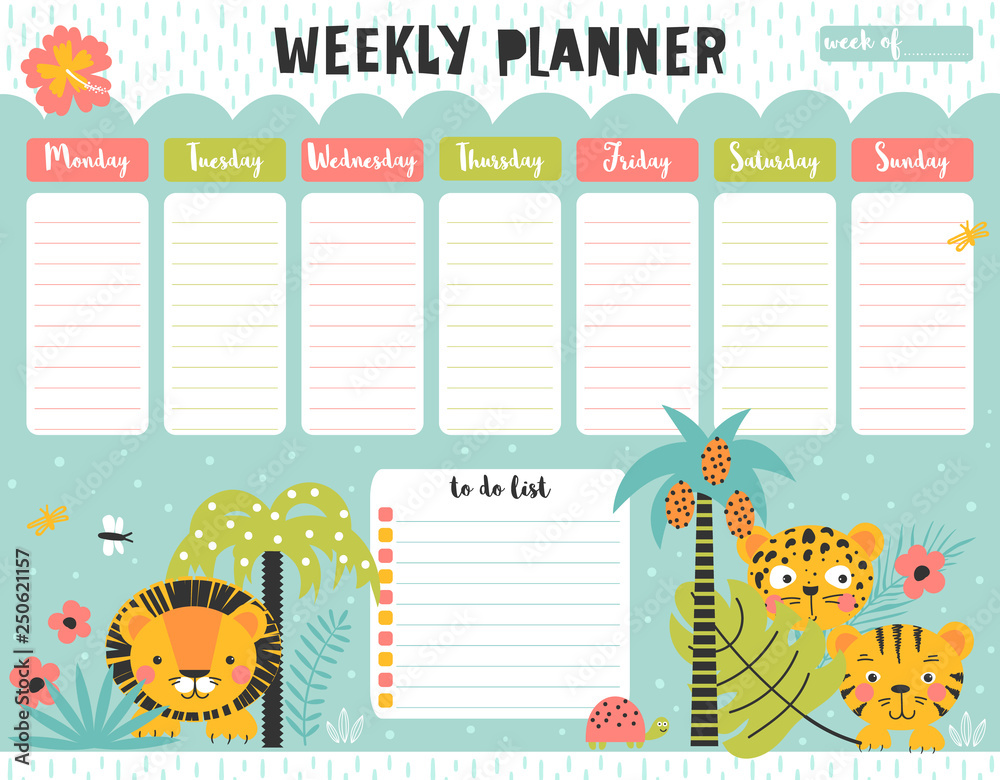 Weekly calendar planner with jungle animals Stock Vector | Adobe Stock