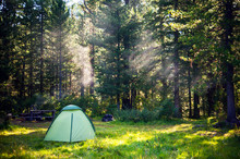 White Touristic Tent In A Forest