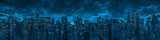 Fototapeta Miasto - Science fiction city night panorama / 3D illustration of dark futuristic sci-fi city under dark cloudy night sky