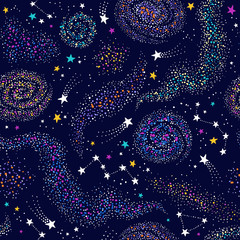 Galaxy seamless deep violet pattern with colorful nebula, constellations and stars