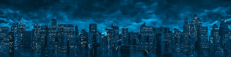 science fiction city night panorama / 3d illustration of dark futuristic sci-fi city under dark clou