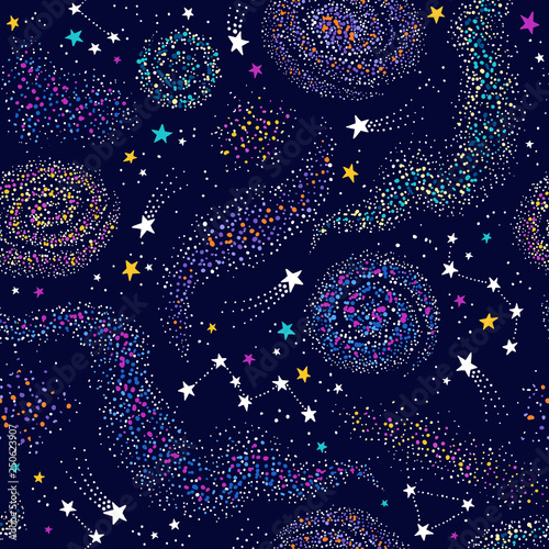 Cotton fabric Głęboki fiolet wzór Galaxy z kolorowe Mgławica, konstelacje i gwiazdy