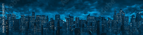 Ilustracja: Science fiction city night panorama / 3D illustration of dark futuristic sci-fi city under dark cloudy night sky Science fiction city night panorama / 3D illustration of dark futuristic sci-fi city under dark cloudy night sky