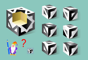 Wall Mural - Logic puzzle game for children and adults. Find the correct detail which fell out of the cube. Printable page for brainteaser book. Developing spatial thinking. Vector cartoon image.