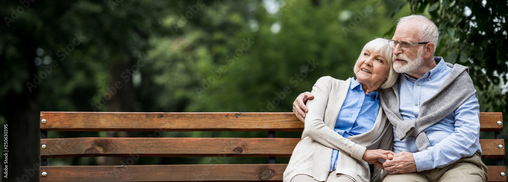 smiling senior couple embracing while sitting on wooden bench in park - obrazy, fototapety, plakaty 