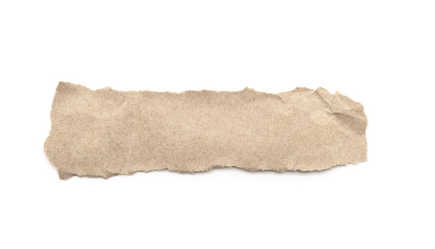 Recycled paper craft stick on a white background. Brown paper torn or ripped pieces of paper isolated on white.