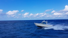 Speed Fishing Tender Boat Jumping The Waves In The Sea And Cruising The Blue Ocean Day In Bahamas. Blue Beautiful Water