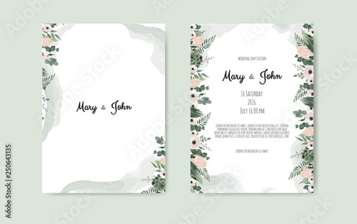 Botanical wedding invitation card template design, white and pink flowers on ...