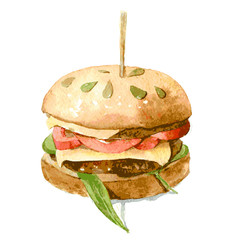 Delicious Burger with cheese, tomato and lettuce on a bun with pumpkin seeds. Watercolor illustration isolated on white background. Vector