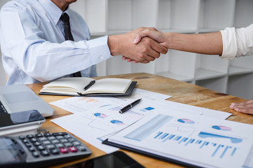 Aufkleber - Meeting and greeting concept, Two collaboration business handshake and business people after discussing good deal of contract and new projects for both companies, success of cooperation partnership