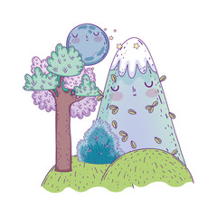 Sticker - landscape night with moon and mountain kawaii characters