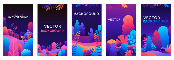 Wall Mural - Vector set of abstract backgrounds with copy space for text - bright vibrant banners, posters, cover design templates, social media stories wallpapers with leaves 