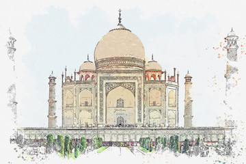 Wall Mural - Watercolor sketch or illustration of the beautiful view of the Taj Mahal in India