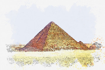 Wall Mural - Watercolor sketch or illustration of a beautiful view of the ancient Egyptian pyramid