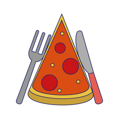 Poster - Pizza piece with fork and knife blue lines