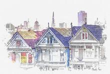 Watercolor Sketch Or Illustration Of A Beautiful View Of The Traditional Colorful Houses Painted Ladies And Other Architecture In San Francisco In America