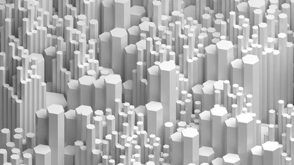 Poster - White grey loopable 3d bright background with simple geometry shapes with different height. Elegant abstract reflective hexagon extruded shapes.