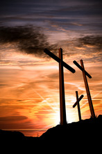 Three Crosses On A Dramatic Sky At Sunset