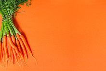 Bunch Of Whole Fresh Raw Carrots With Green Leaves On Orange Background. Vegan, Vegetarian, Farm Market Or Healthy Food Concept. Top View With Copy Space For Text.