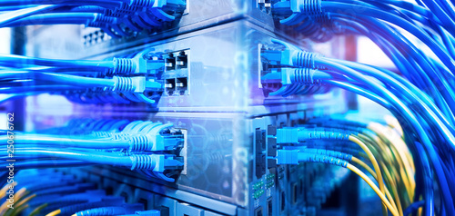 Network Switch And Ethernet Cables In Server Room Patch