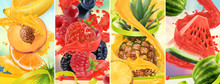 Juicy And Fresh Fruit. Peach, Strawberry, Raspberry, Pineapple, Watermelon. Juice Splash. 3d Vector Realistic Set. High Quality 50mb Eps