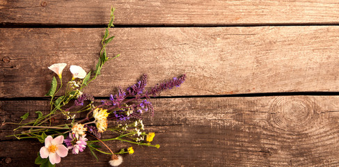 Wild flowers on old grunge wooden background (chamomile lupine dandelions thyme mint bells rape)