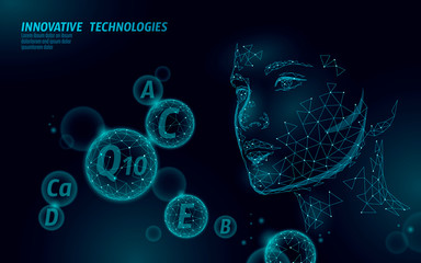 Healthy skin vitamin complex low poly sphere bubble. Health supplement female face anti-aging beauty cosmetics banner template. 3D coenzyme Q10, C, E. Medicine science vector illustration