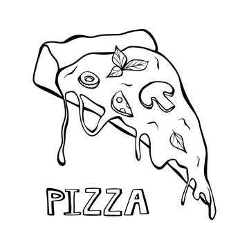 Cartoon style vector illustration - piece of pizza with black lettering. Great design elements for sticker, card, print or poster. Unique and fun drawing isolated on white background