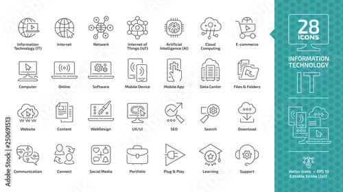 Fotografía Information technology editable stroke outline icon set with IT network system,