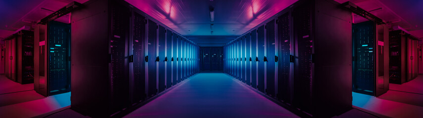 Wall Mural - Wide-Angle Panorama Shot of a Working Data Center With Rows of Rack Servers. Red Emergency Led Lights Blinking and Computers are Working. Dark Ambient Light.
